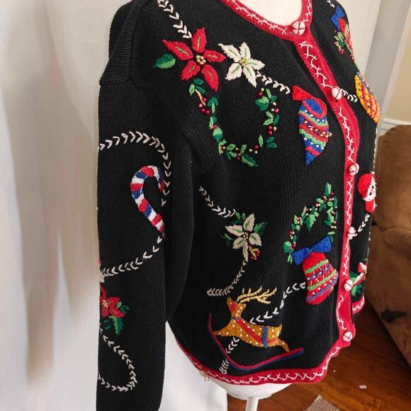 Designers Originals Studio Women M Black Christmas Cardigan Ugly Sweater bells - Picture 9 of 12